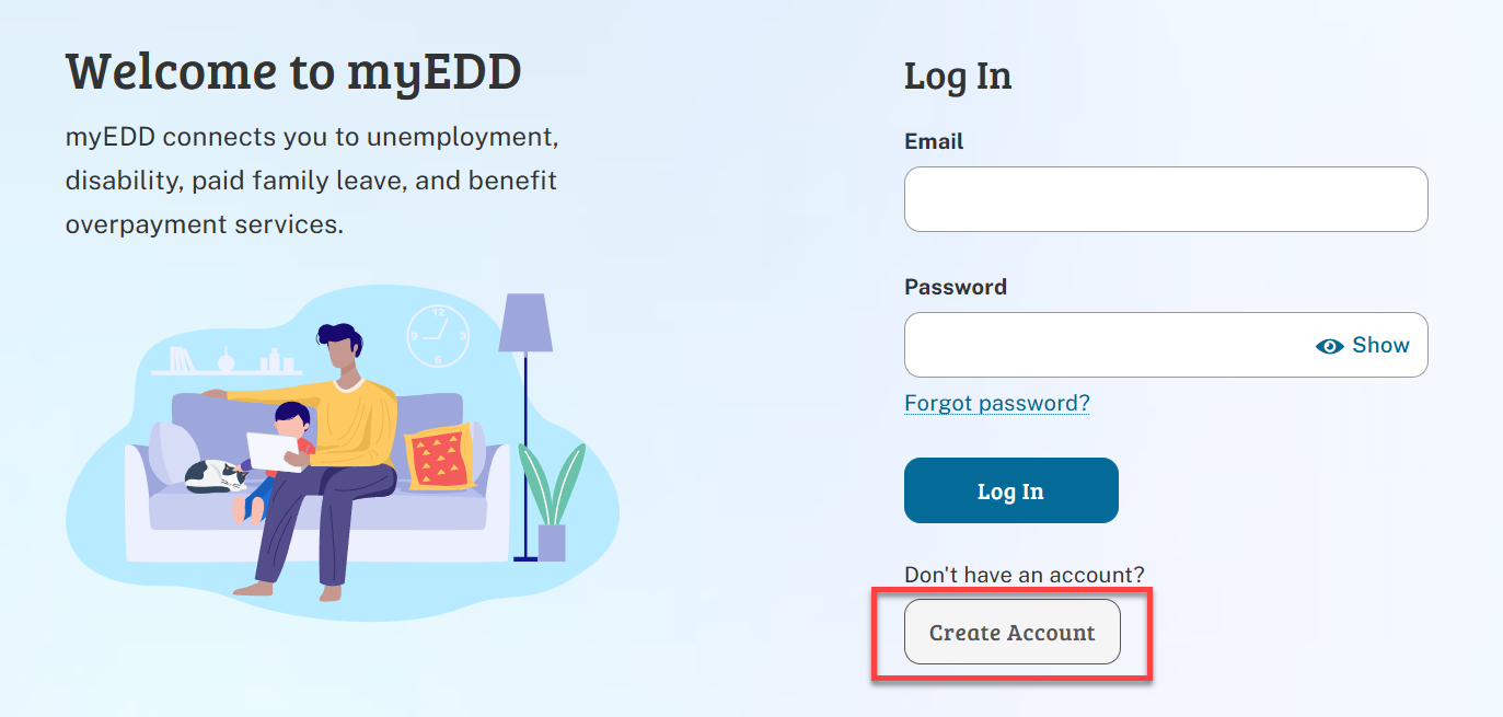 myEDD Log In Page - select create account